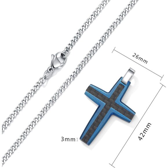 Men's Stainless Steel Two-Tone Black & Blue Carbon Fiber Cross Necklace - Picture 6 of 7
